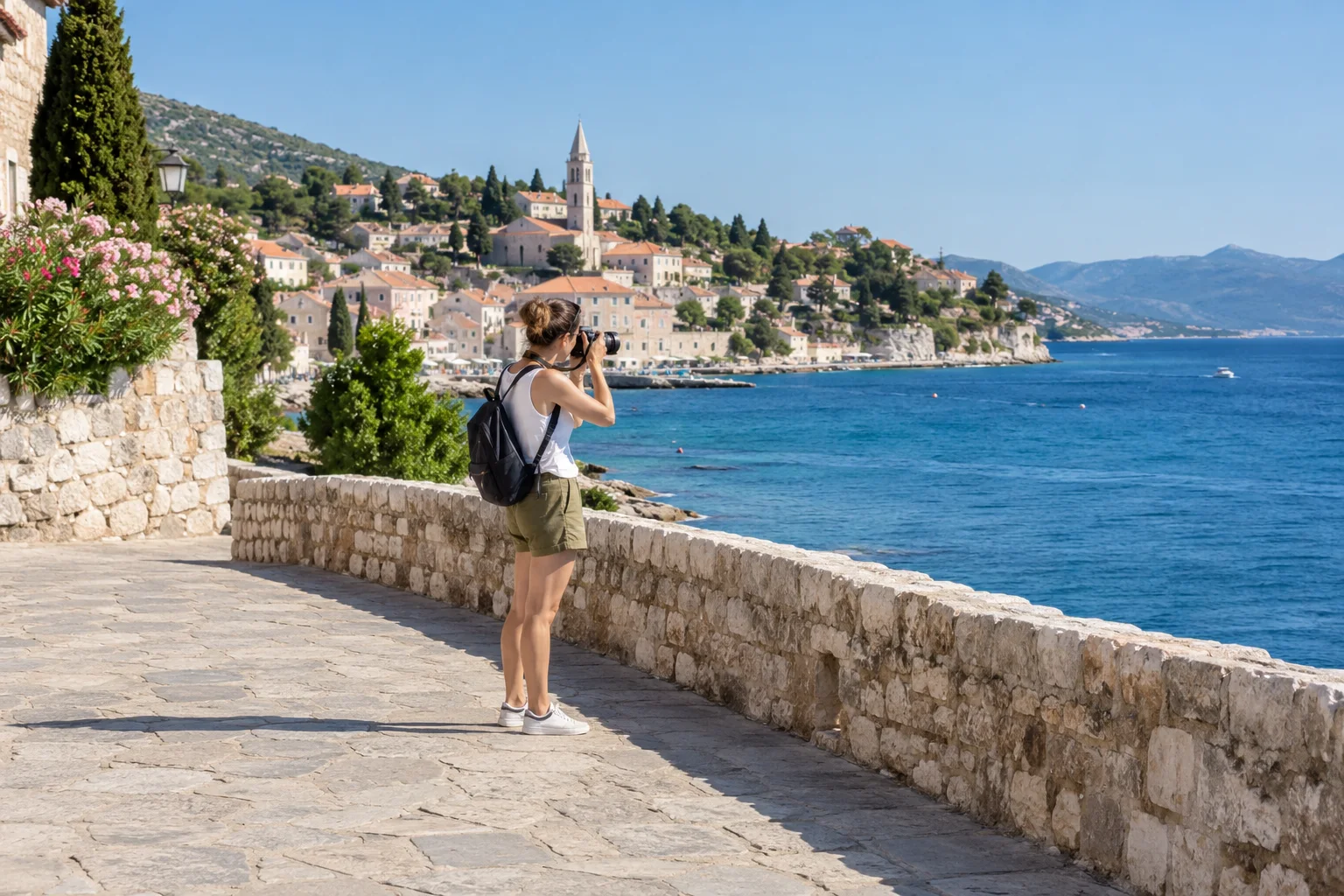 Photo-style sample of a tourist on a coastal promenade